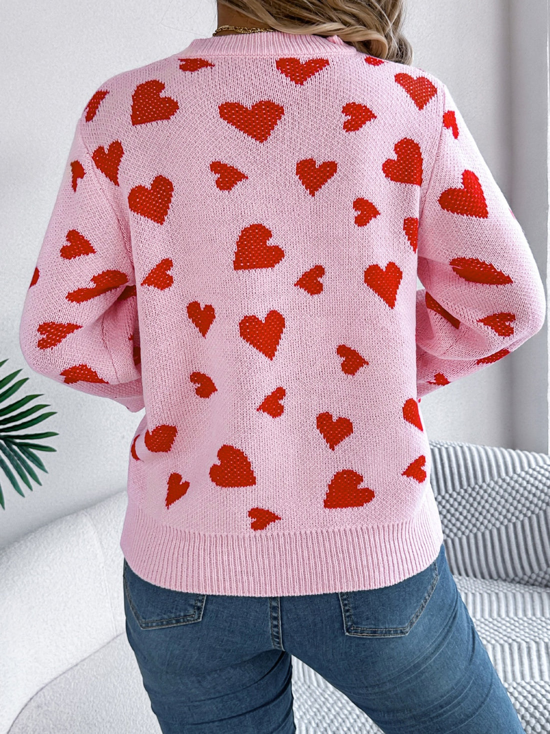Heart Round Neck Long Sleeve Sweater 
