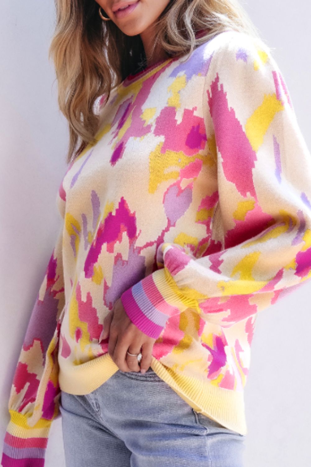 Contrast Round Neck Long Sleeve Sweater 