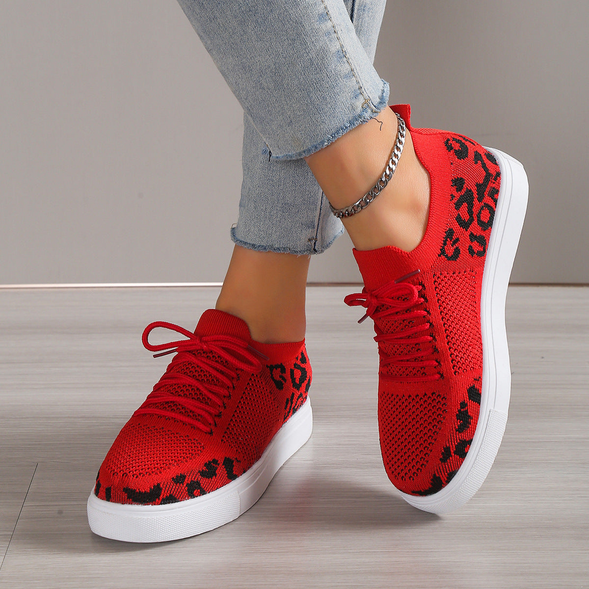 Lace-Up Leopard Flat Sneakers 
