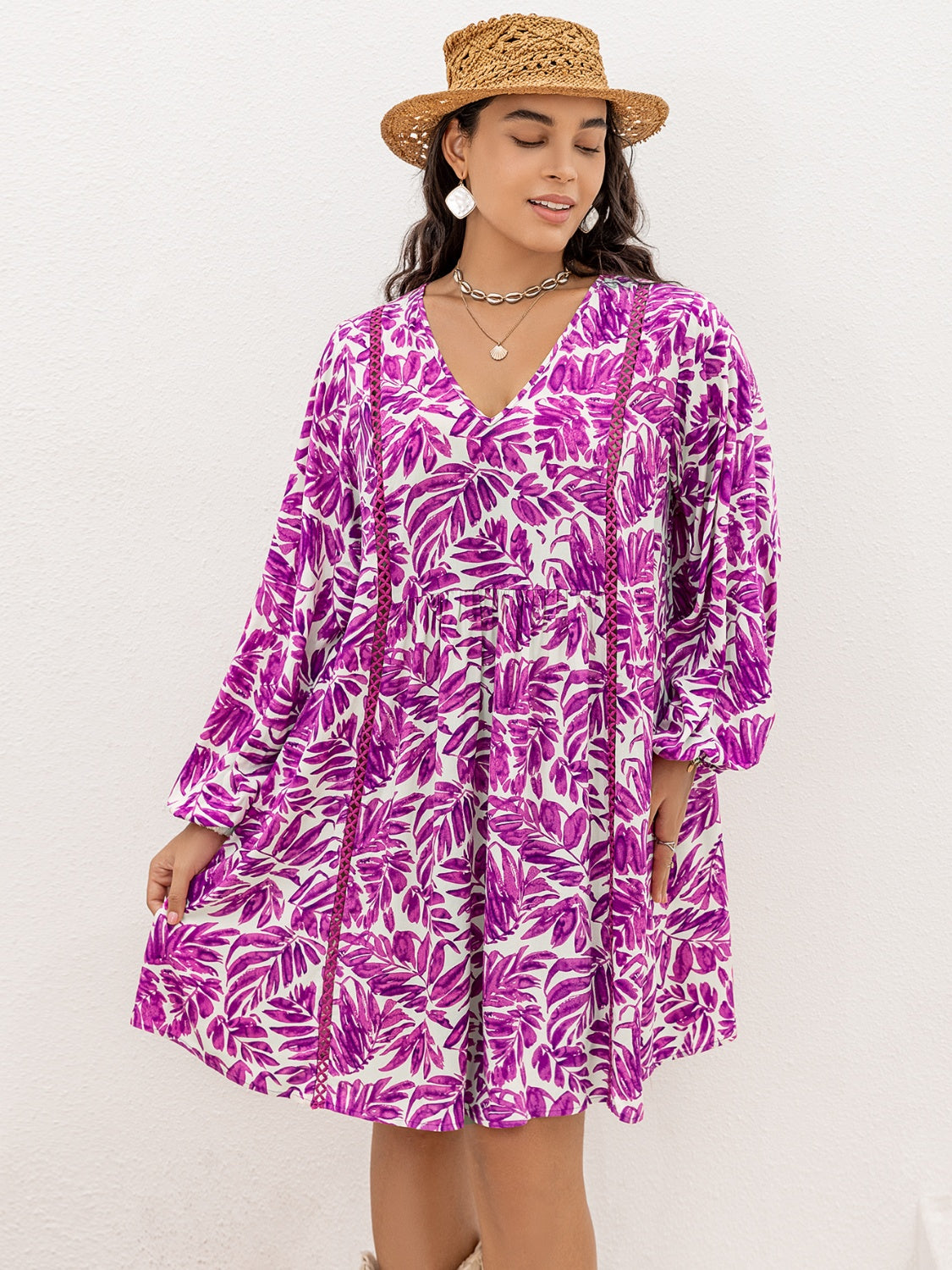 Plus Size Printed V-Neck Balloon Sleeve Mini Dress 