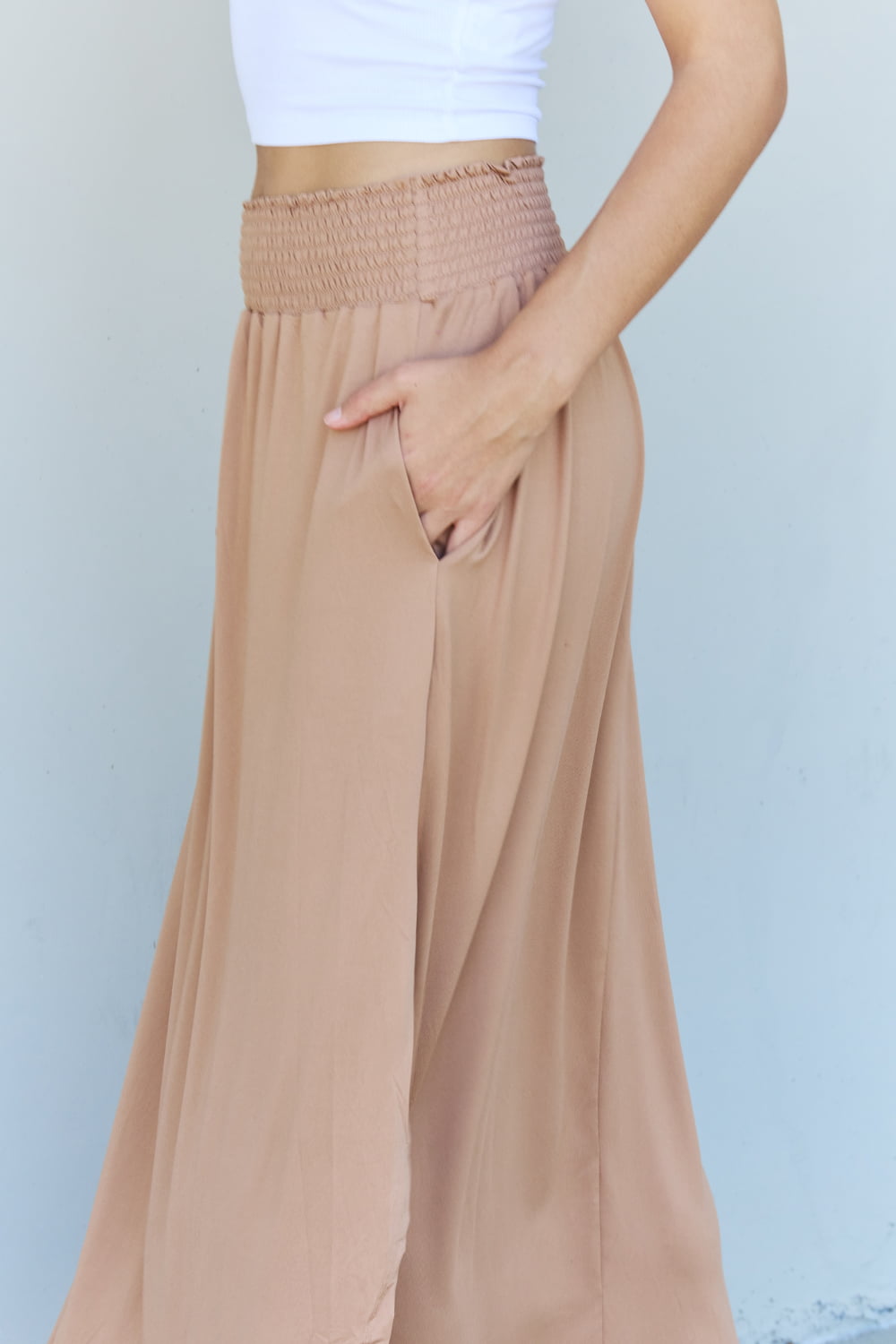 Doublju Comfort Princess Full Size High Waist Scoop Hem Maxi Skirt in Tan 
