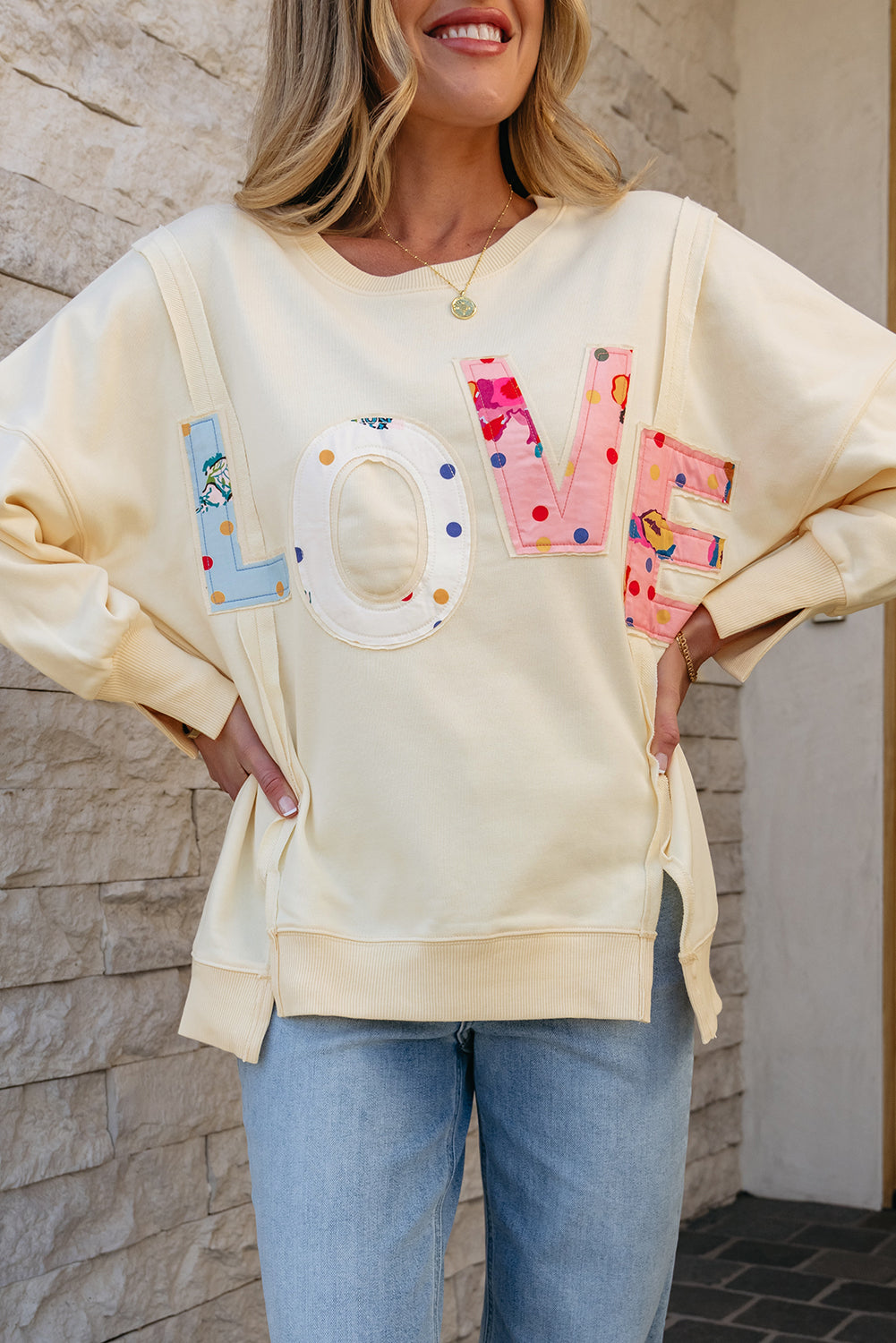 Apricot LOVE PATCH Graphic Oversized Sweatshirt Tops/Sweatshirts & Hoodies