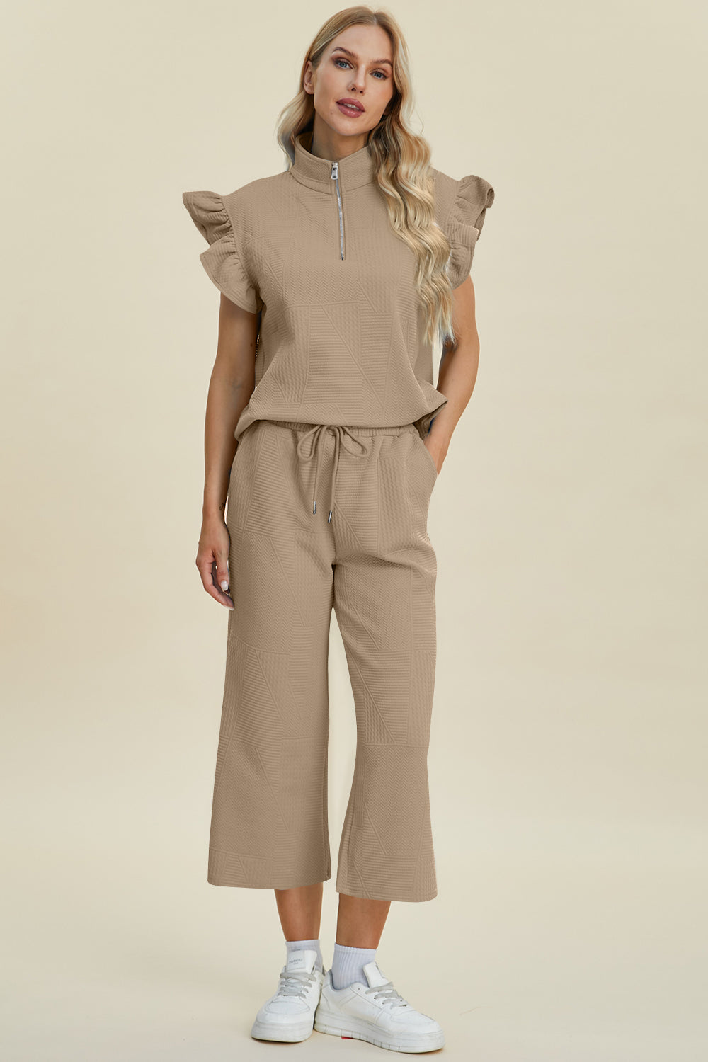 Double Take Full Size Texture Ruffle Short Sleeve Top and Wide Leg Pants Set 