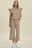 Double Take Full Size Texture Ruffle Short Sleeve Top and Wide Leg Pants Set 