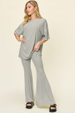 Double Take Full Size Round Neck Drop Shoulder T-Shirt and Flare Pants Set 