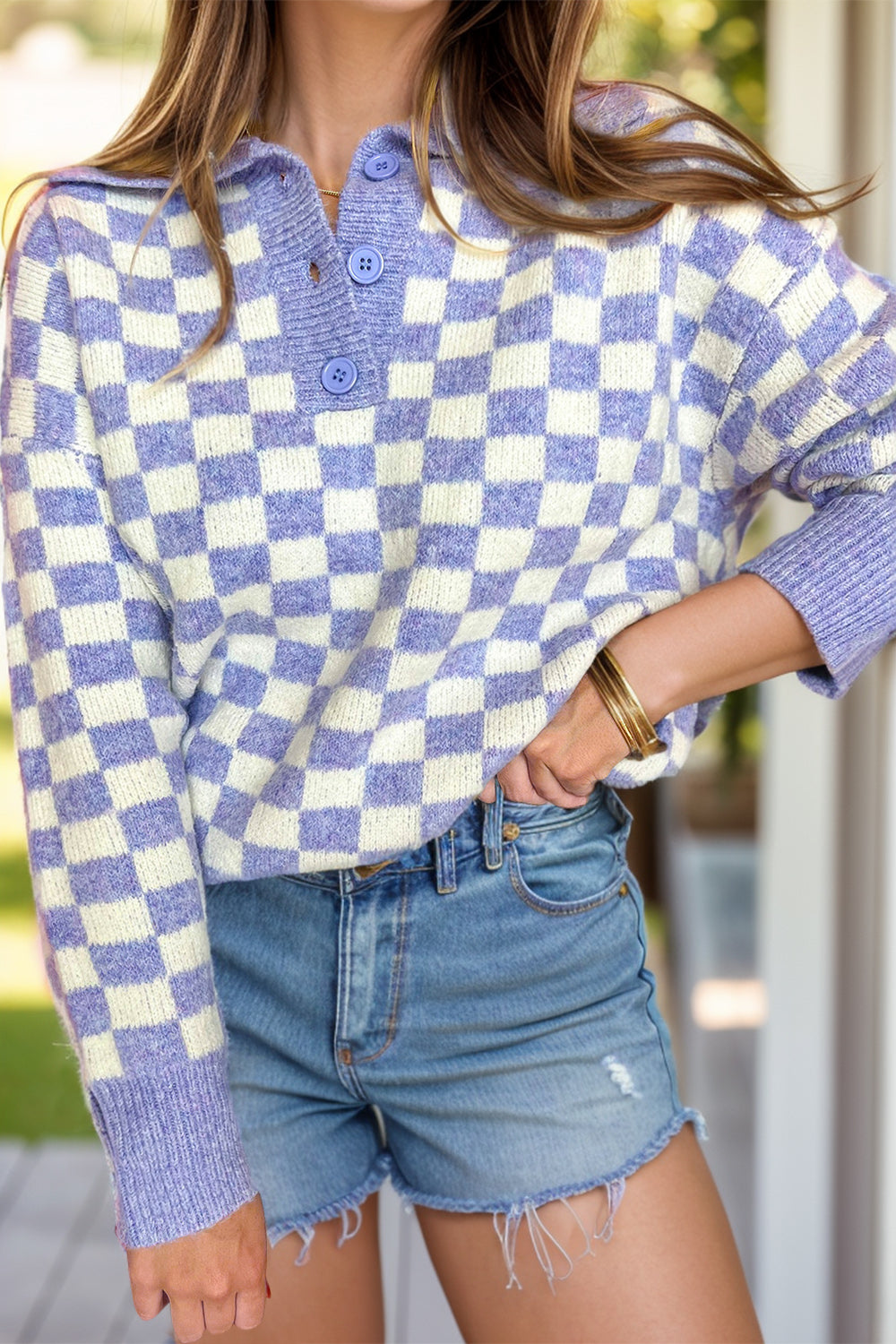 Plus Size Checkered Collared Neck Long Sleeve Sweater 