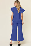 Double Take Texture Ruffle Short Sleeve Top and Drawstring Wide Leg Pants Set 