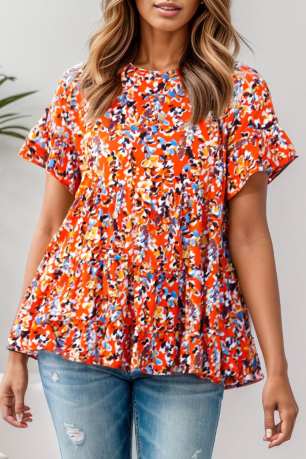 Plus Size Floral Round Neck Tiered Blouse 