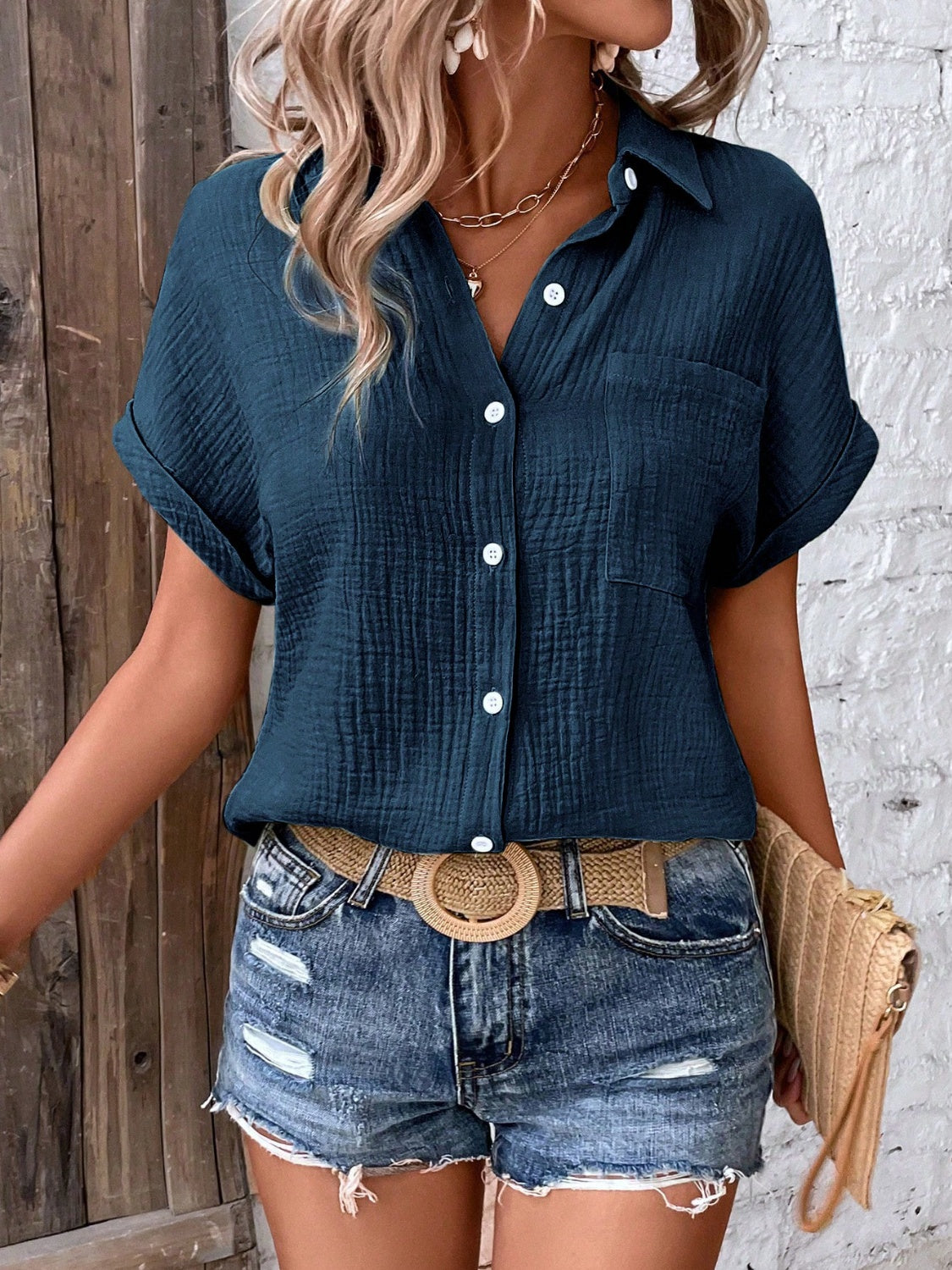 Lovelet Textured Button Up Short Sleeve Shirt 