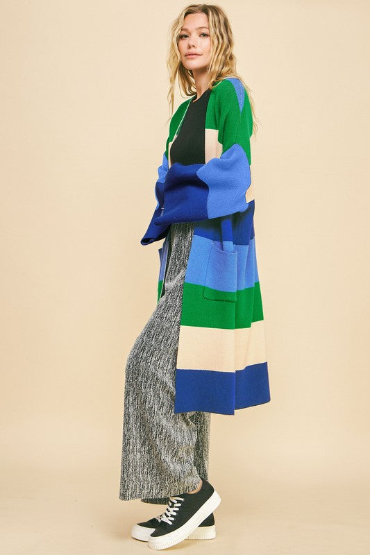 Davi & Dani Color Block Kimono Sleeve Open Front Cardigan 