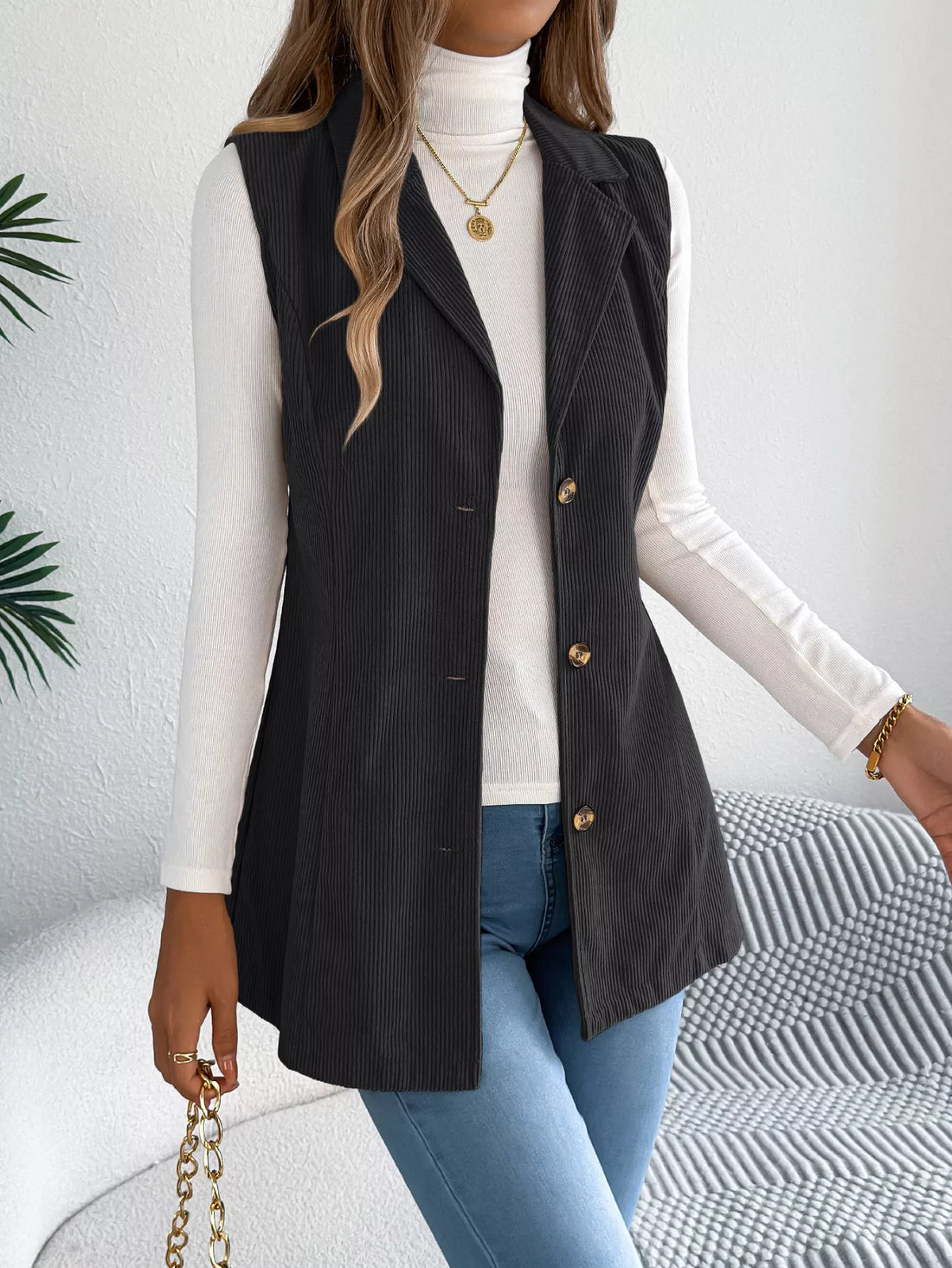 Button-Front Longline Vest Coat 