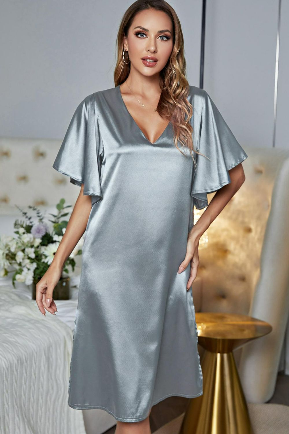 Satin Flutter Sleeve Side Slit V-Neck Night Dress 