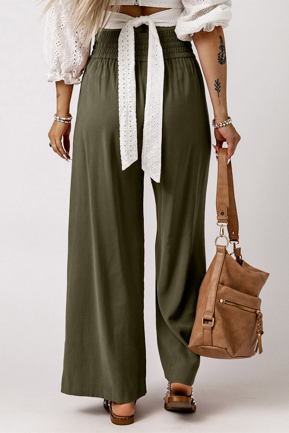 Brown Drawstring Elastic Waist Casual Wide Leg Pants Bottoms/Pants & Culotte