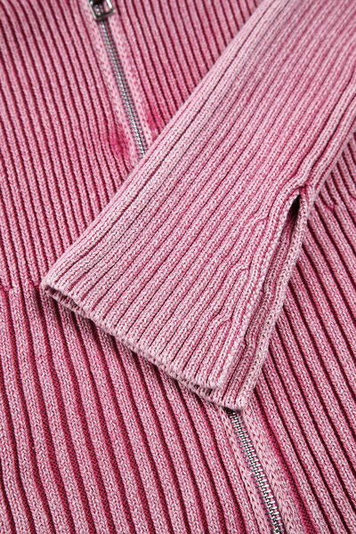 Double Take Ribbed Off-Shoulder Zip Up Long Sleeve Cardigan 