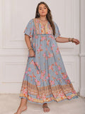 Plus Size Printed Tie Neck Flutter Sleeve Maxi Dress Dresses