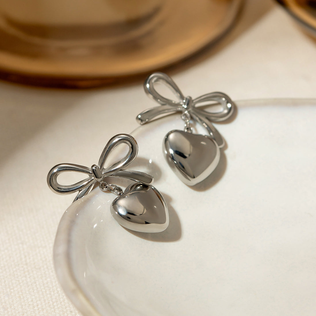 Stainless Steel Bow & Heart Drop Earrings 