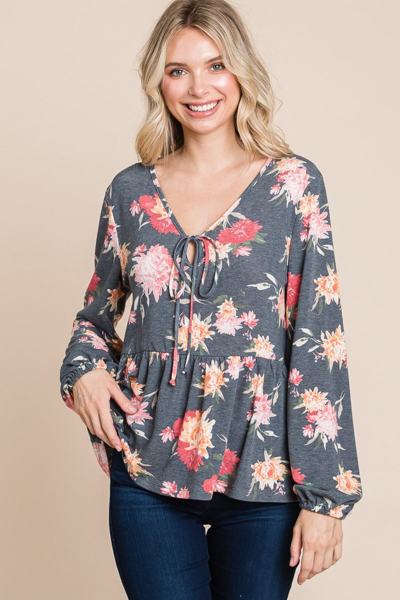 Super Lady Full Size Babydoll Floral Long Sleeve Blouse 