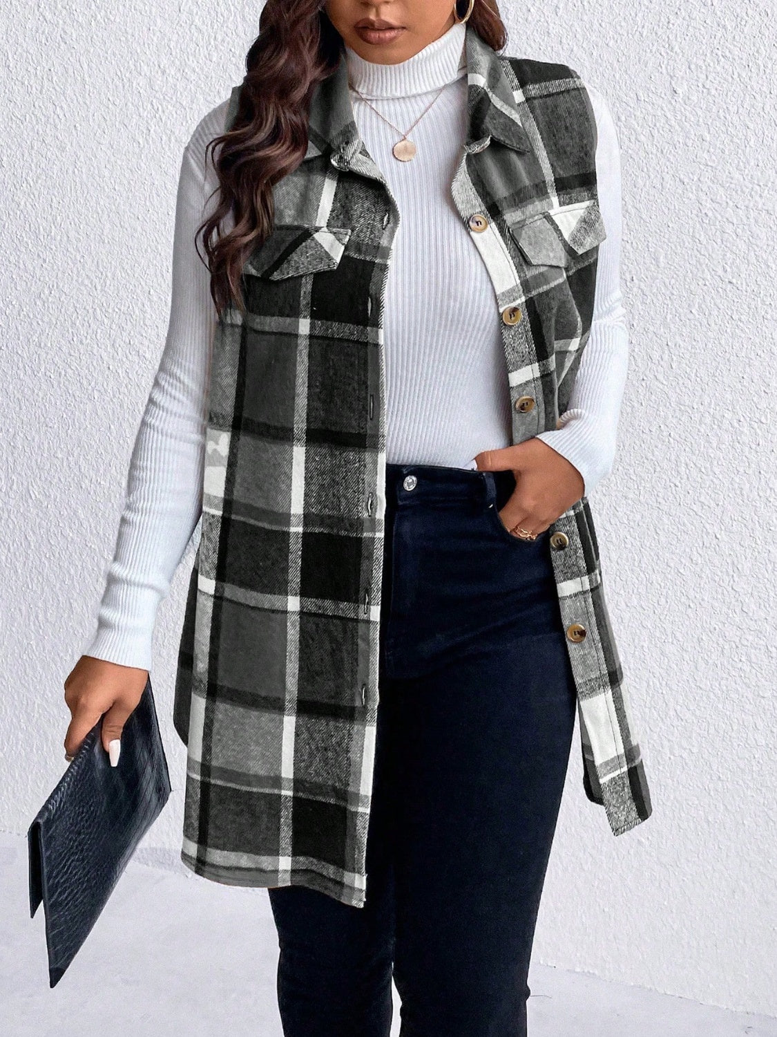 Honey Plus Size Pocketed Plaid Button Up Vest Coat 
