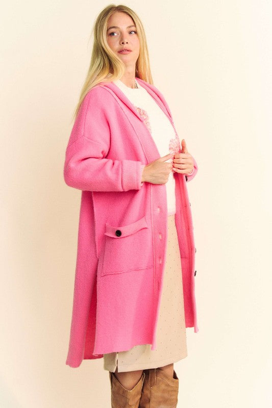 Davi & Dani Side Slit Button Up Hooded Cardigan 