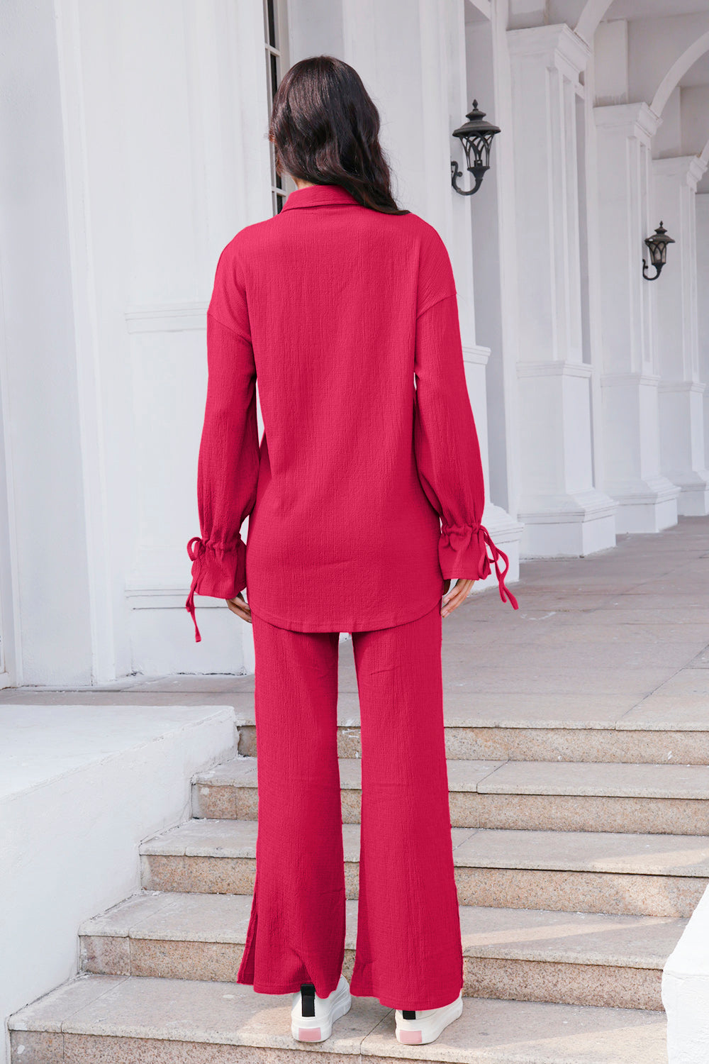 Drawstring Flounce Sleeve Shirt and Pants Set 