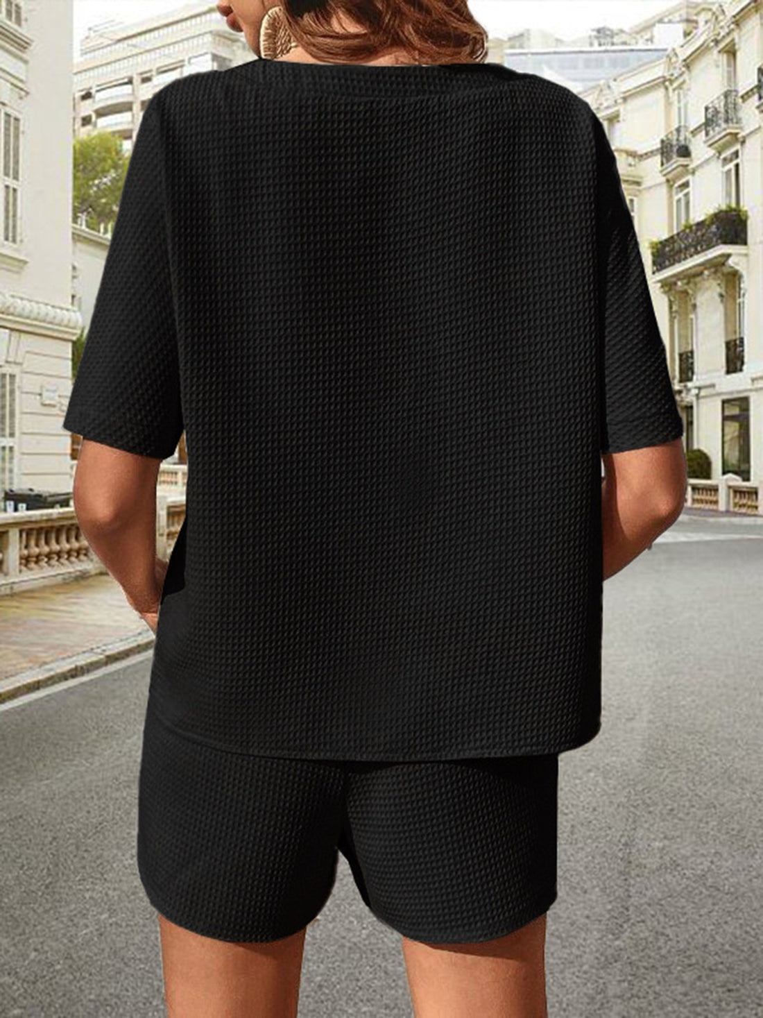 Waffle-Knit Half Sleeve Top and Shorts Set 