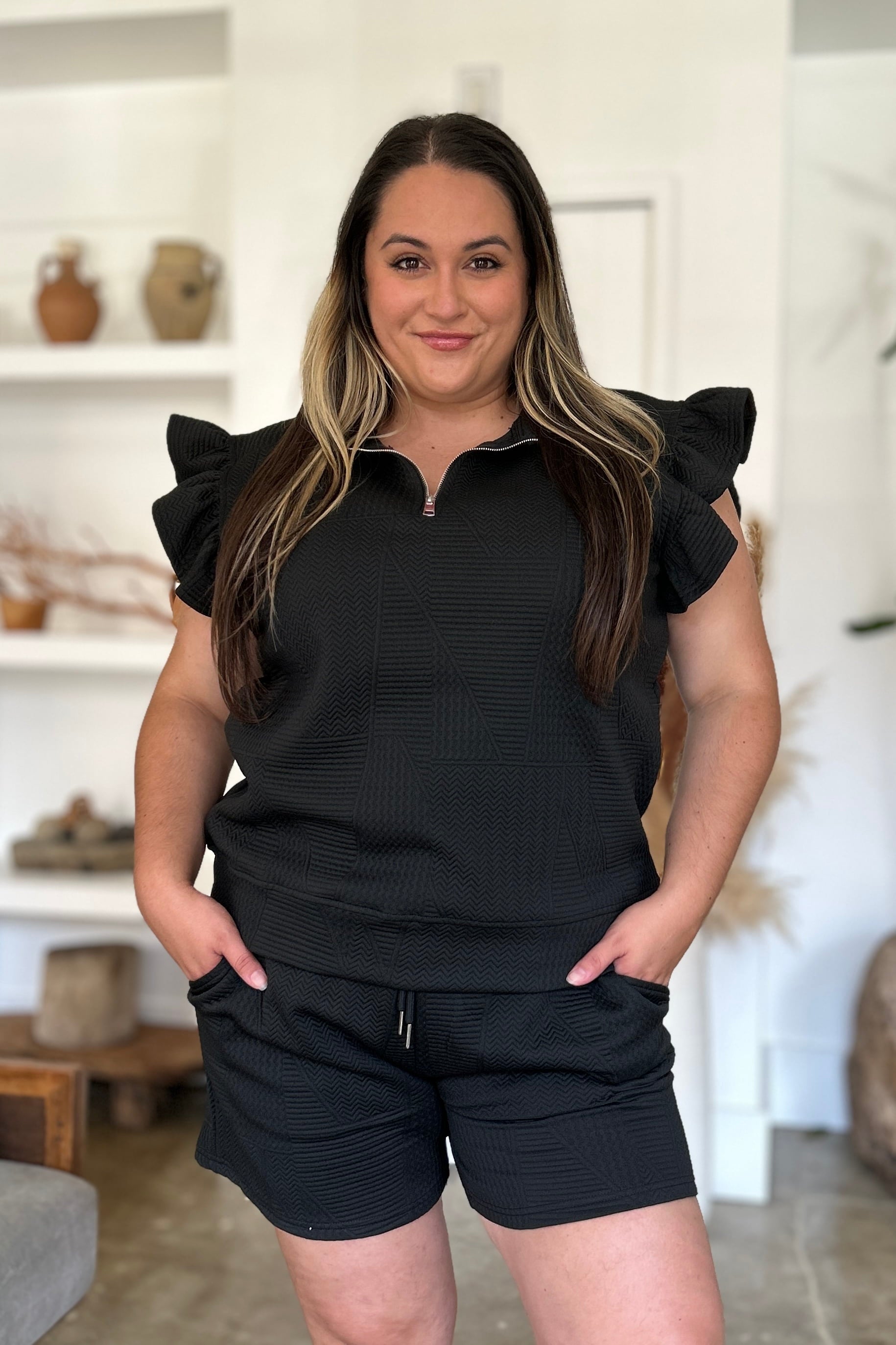 Double Take Full Size Texture Flounce Sleeve Top and Shorts Set 