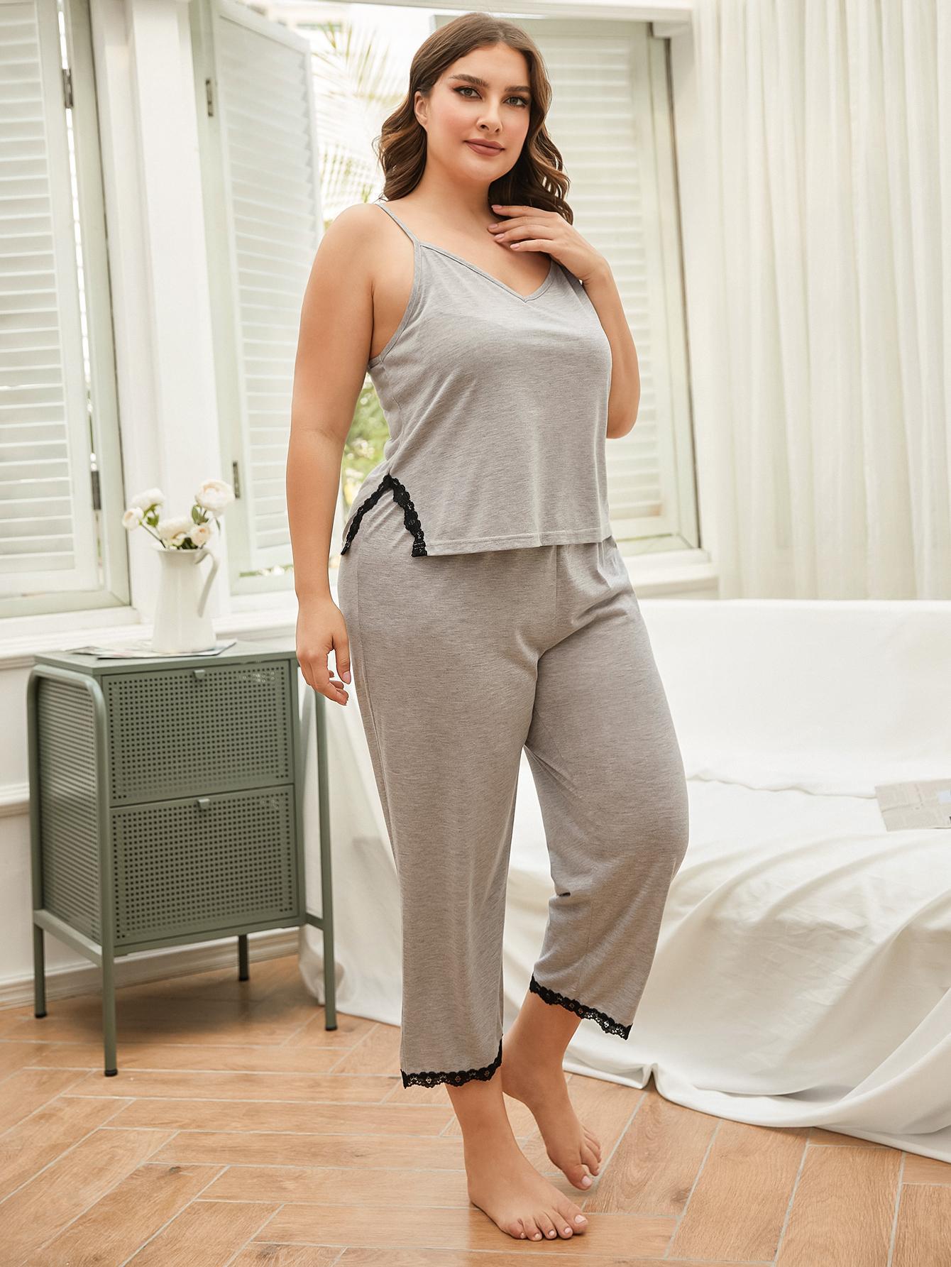 Plus Size Lace Trim Slit Cami and Pants Pajama Set Lingerie & Nightwear