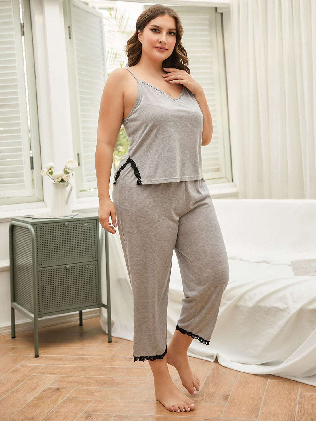 Plus Size Lace Trim Slit Cami and Pants Pajama Set Lingerie & Nightwear