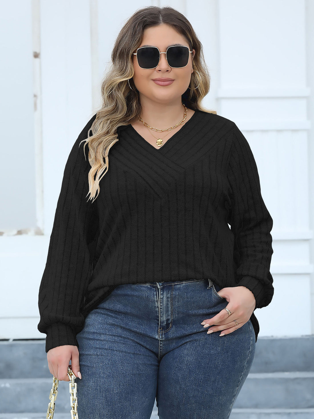 Plus Size Ribbed V-Neck Long Sleeve Top 