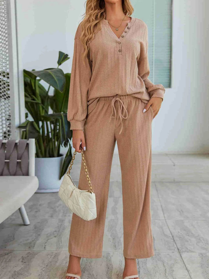 Ribbed Knit Top and Pants Lounge Set with Button Detail Lingerie & Nightwear