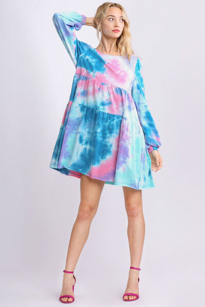 Umgee Full Size Tie Dye Round Neck Long Sleeve Babydoll Tiered Dress Plus Size Dresses