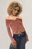 Double Take Ribbed Off-Shoulder Zip Up Long Sleeve Cardigan 