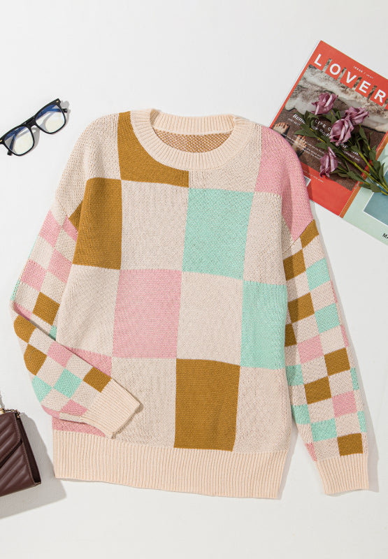 Checkered Round Neck Drop Shoulder Sweater 