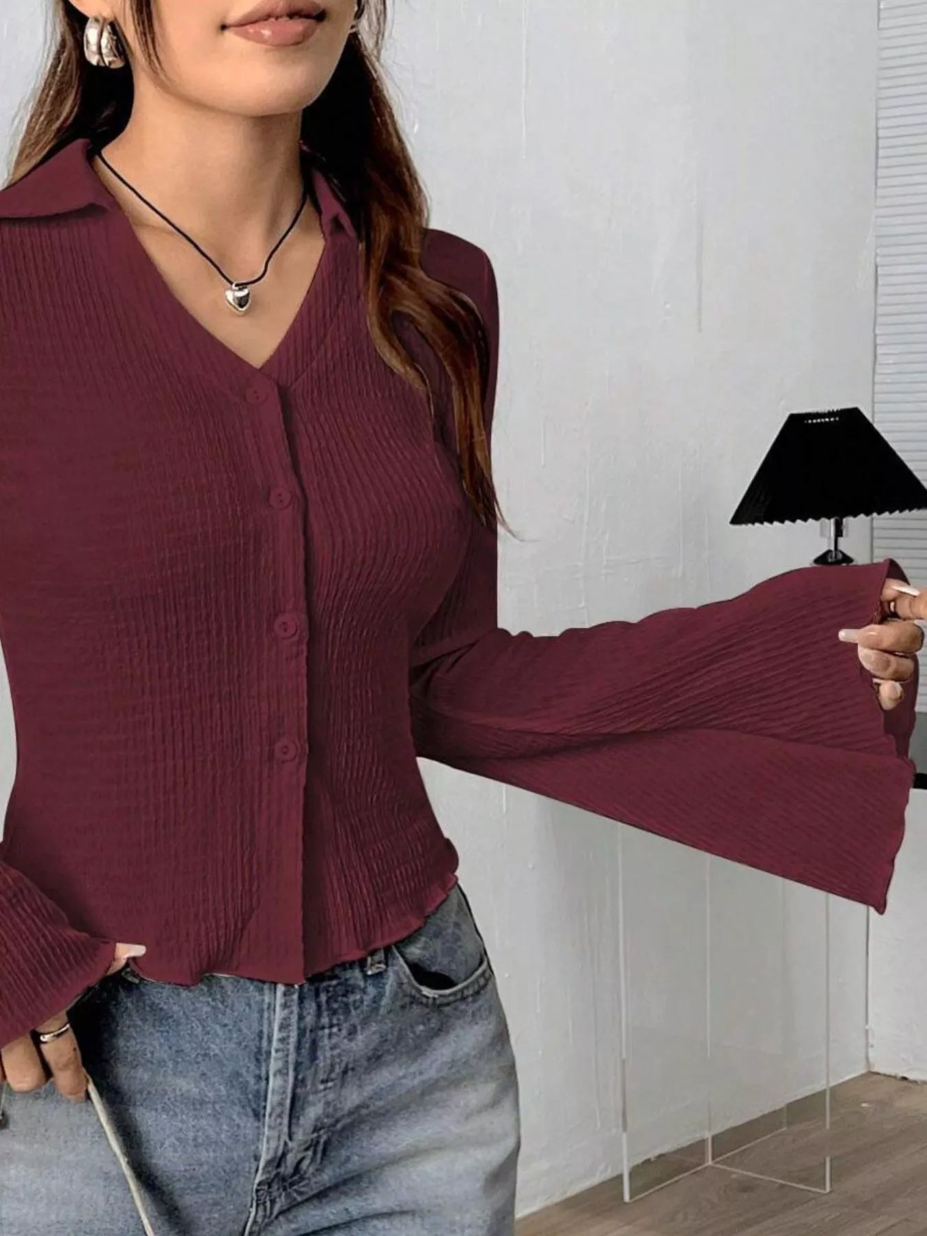 Button Up Flare Sleeve Shirt 