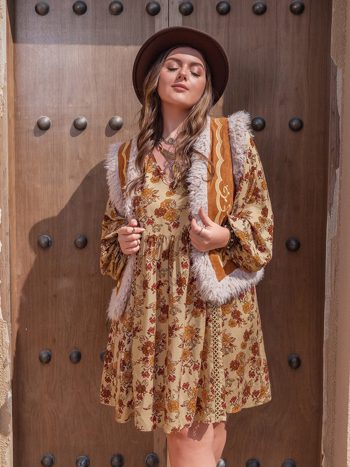 Plus Size Printed V-Neck Balloon Sleeve Mini Dress 