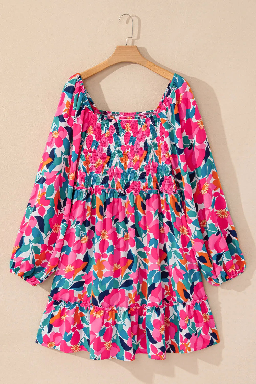 Plus Size Smocked Floral Square Neck Balloon Sleeve Dress 
