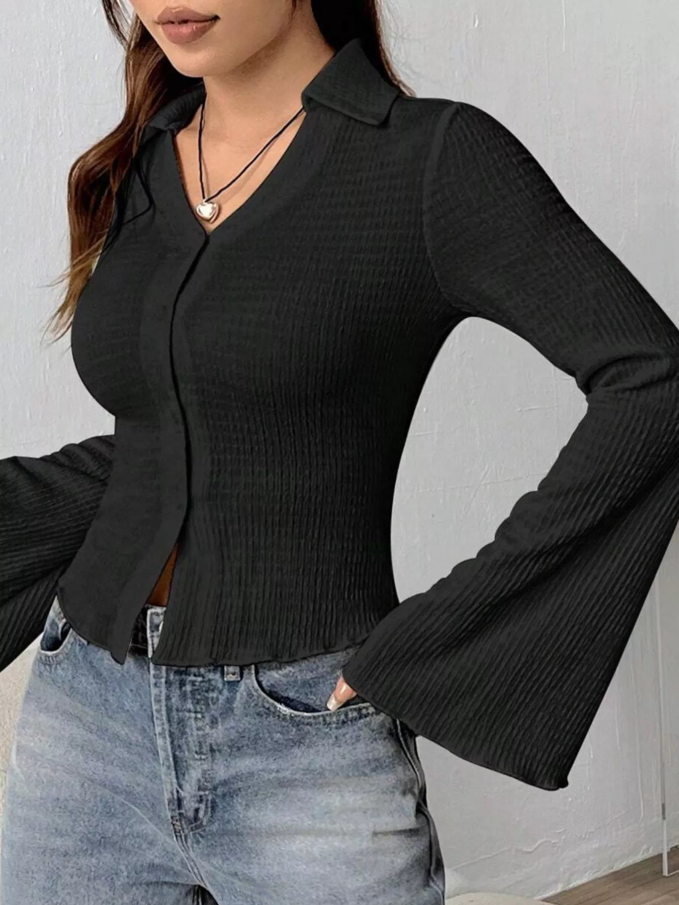 Button Up Flare Sleeve Shirt 