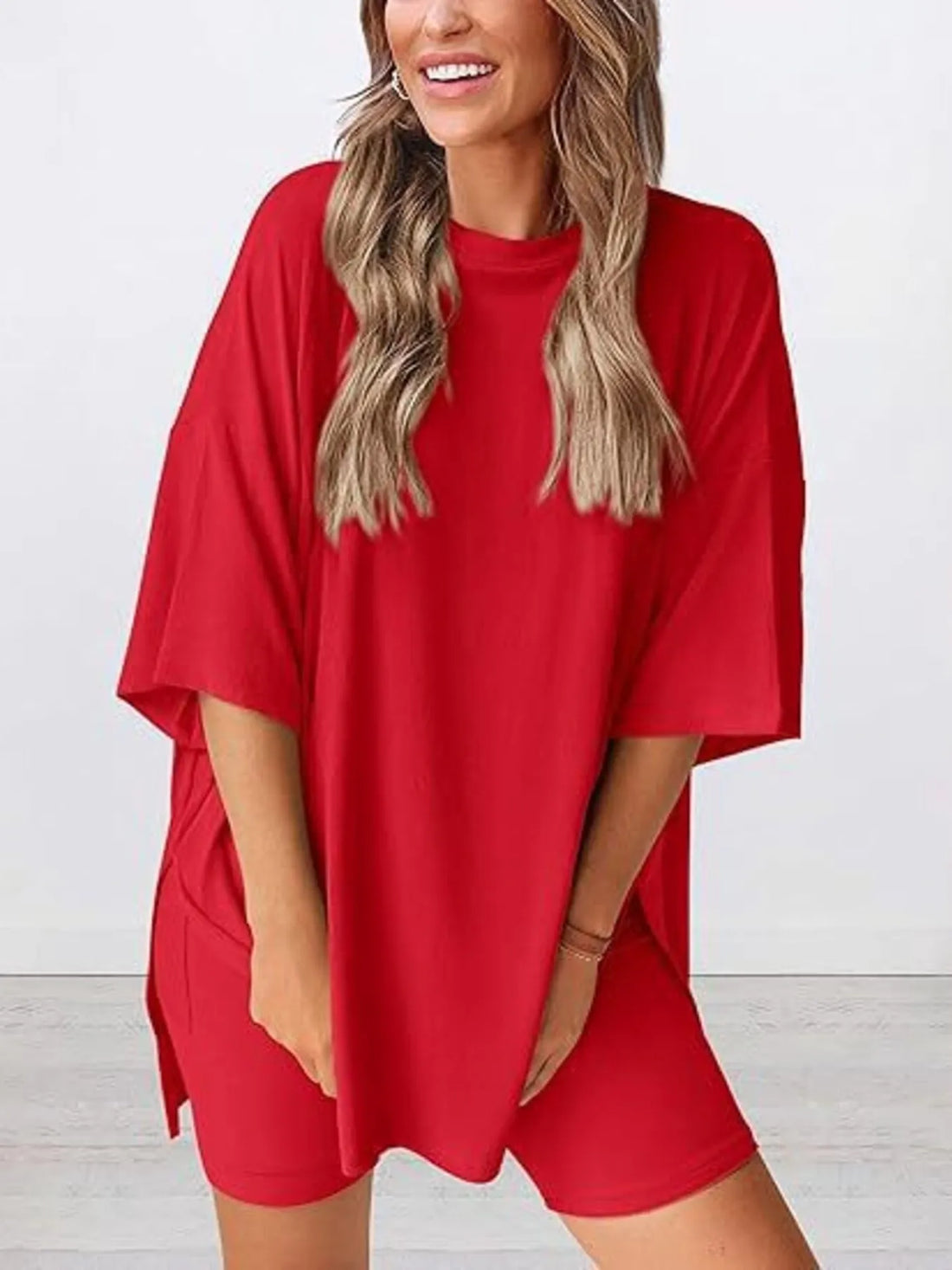 Full Size Oversized Slit Round Neck Top and Shorts Lounge Set Plus Size Lingerie & Nightwear