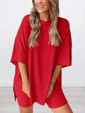 Full Size Oversized Slit Round Neck Top and Shorts Lounge Set Plus Size Lingerie & Nightwear