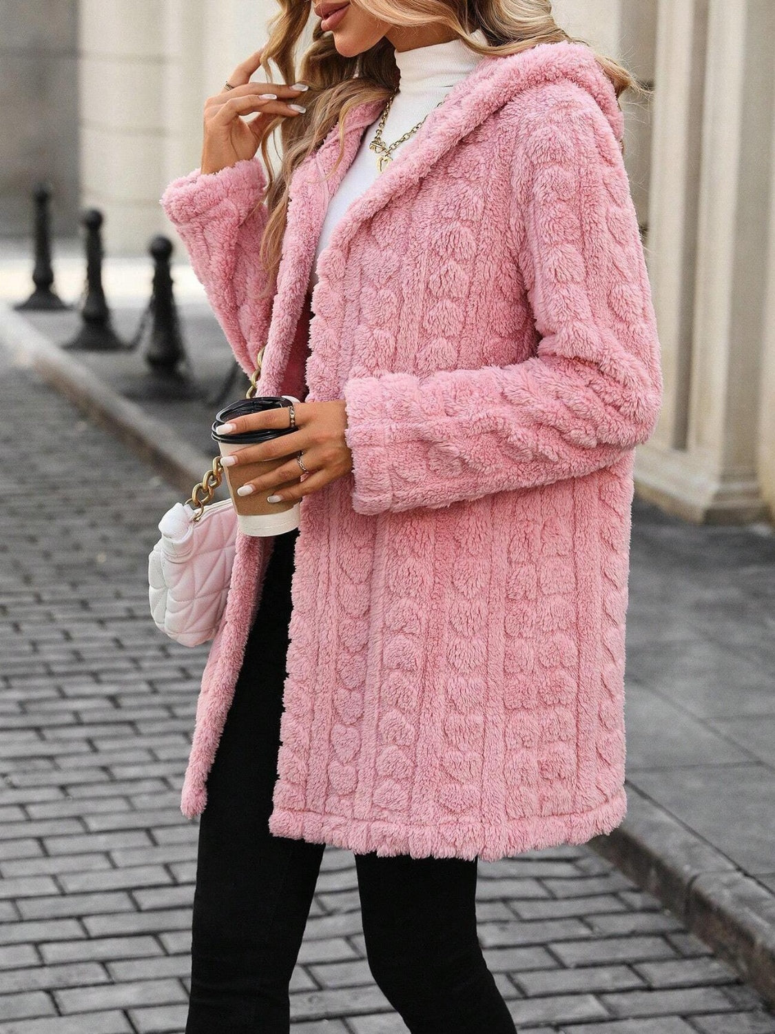 Heart Open Front Hooded Fuzzy Coat 
