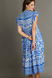Umgee Full Size Two Tone Border Print Ruffle Cap Sleeve Midi Dress Plus Size Dresses