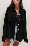 Black Solid Color Corduroy Buttoned Long Sleeve Shacket Outerwear/Jackets