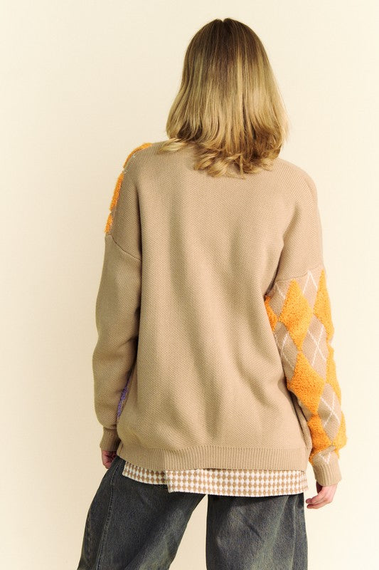 Davi & Dani Argyle V-Neck Dropped Shoulder Cardigan 