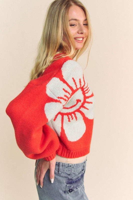 Davi & Dani Flower Contrast Round Neck Long Sleeve Cardigan 