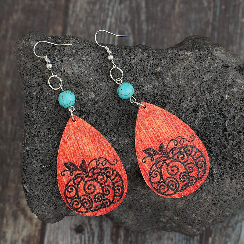 Turquoise Wooden Pumpkin Teardrop Earrings 