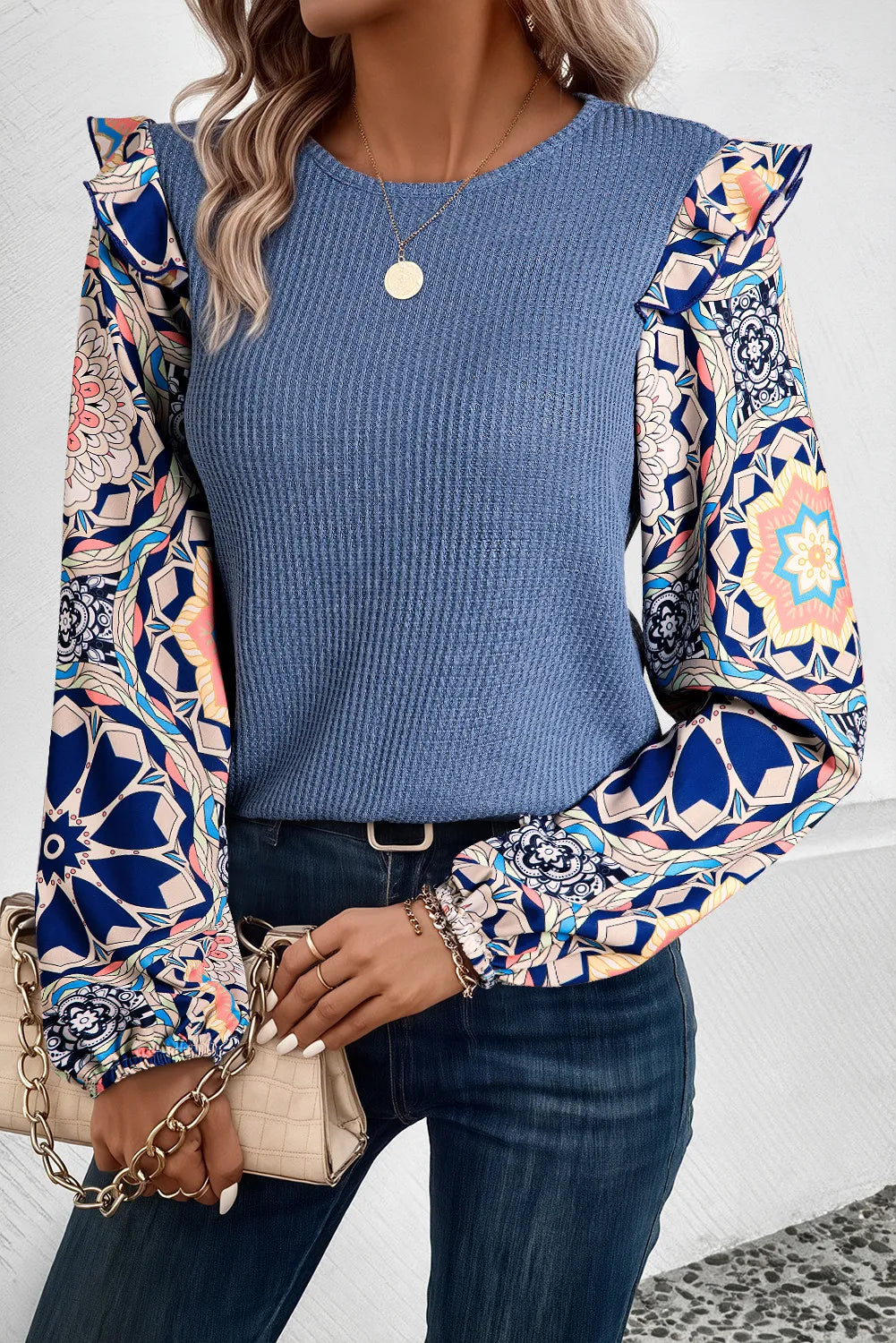Ruffled Printed Round Neck Long Sleeve Top 
