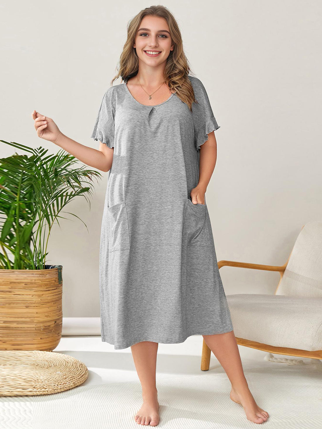 Plus Size Round Neck Short Sleeve Lounge Dress 