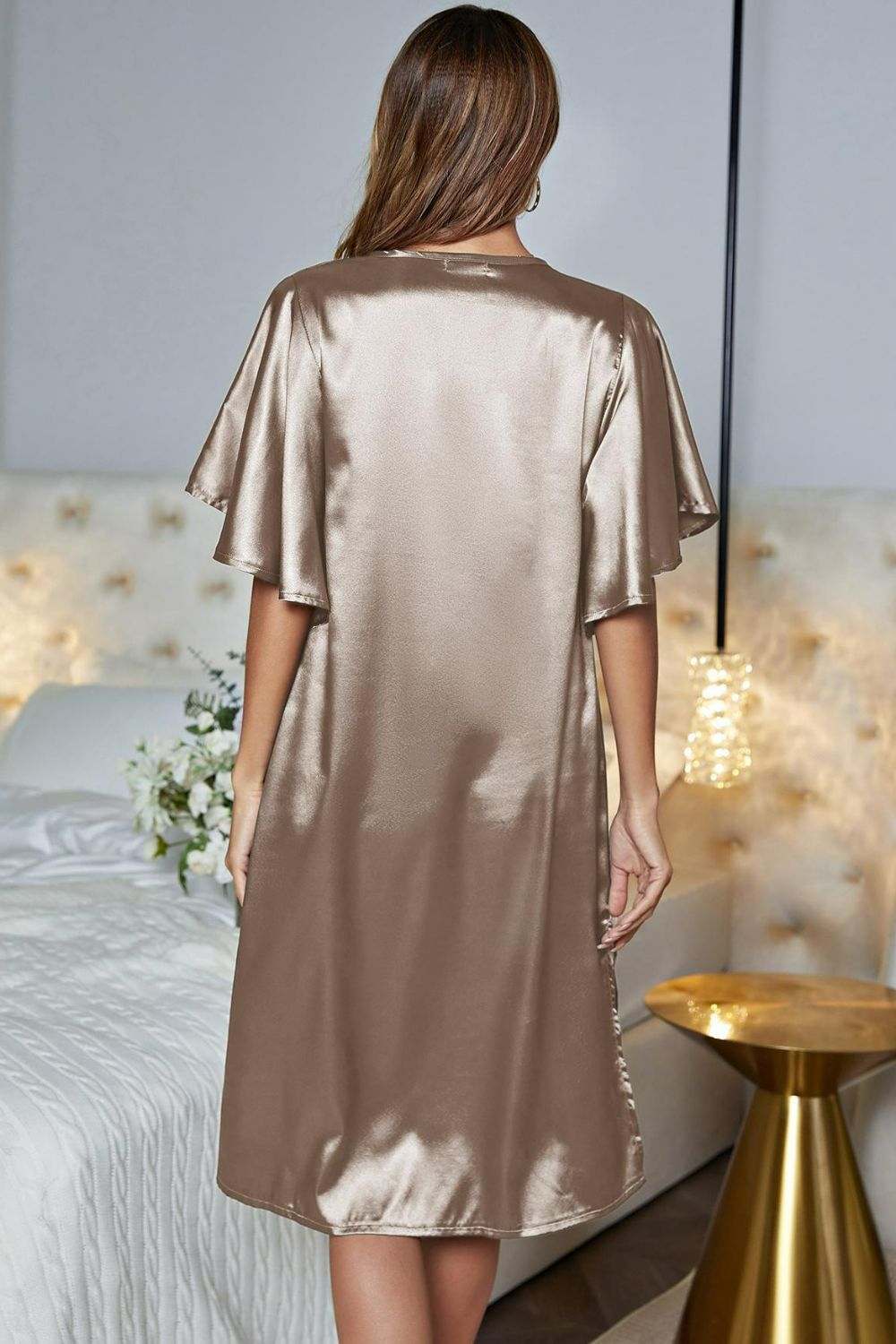 Satin Flutter Sleeve Side Slit V-Neck Night Dress 