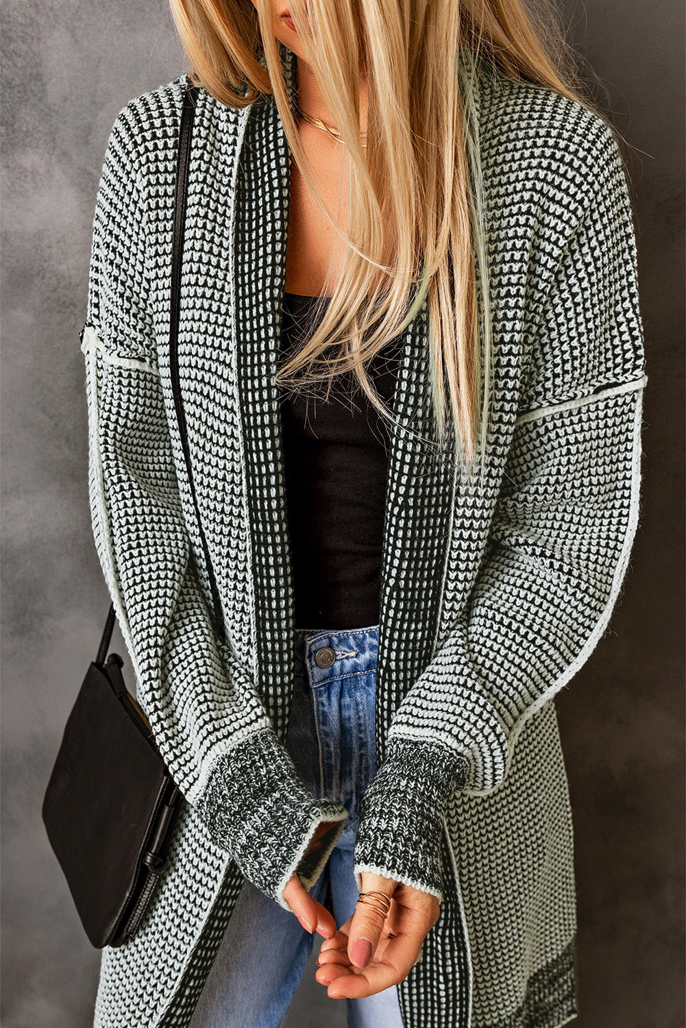 Gray Plaid Knitted Long Open Front Cardigan Sweaters & Cardigans/Cardigans