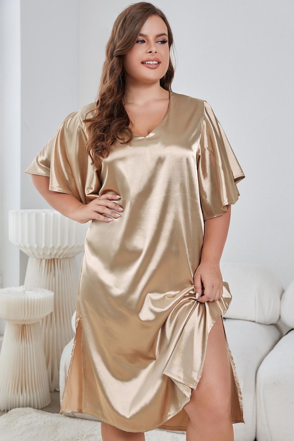 Plus Size Flutter Sleeve V-Neck Side Slit Night Gown 
